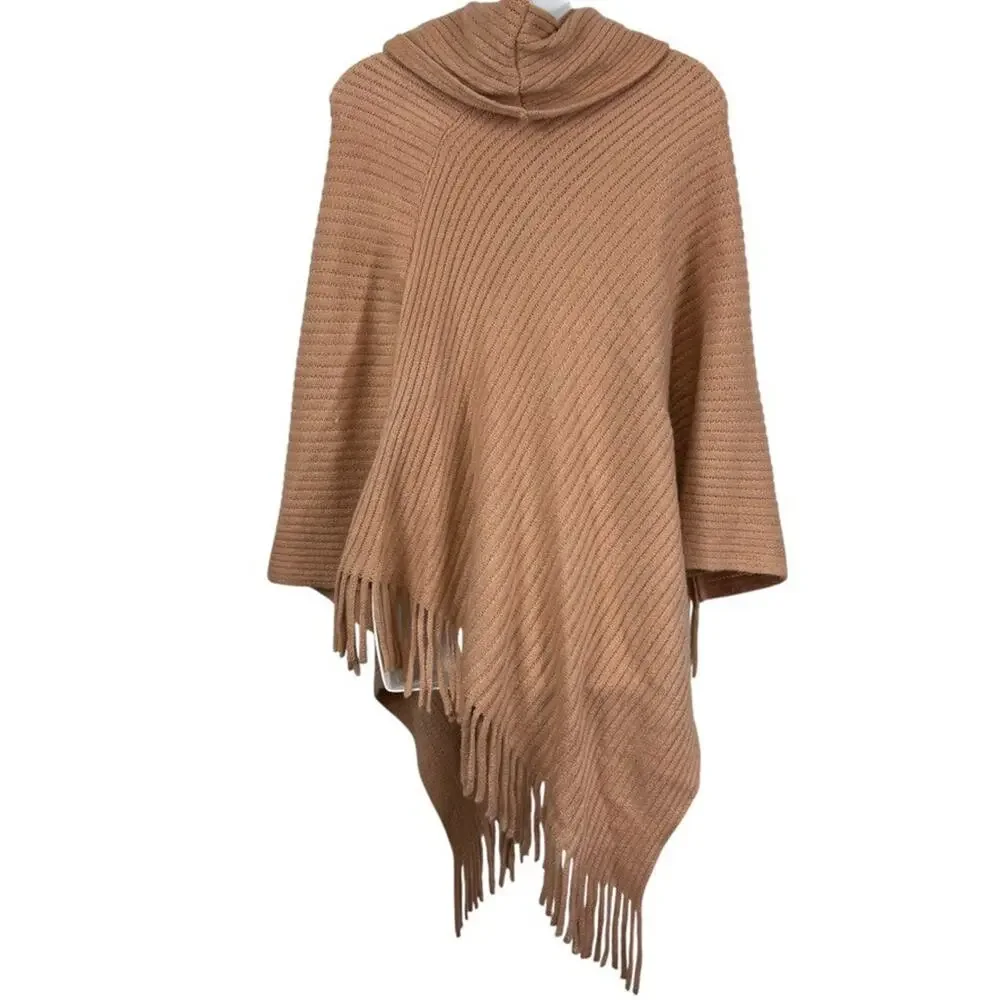 Chicos Ribbed Asymmetrical Fringe Cowl Neck Poncho Pullover Sweater sz O / S